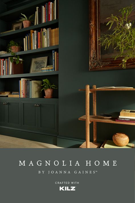 If you’re looking for library room ideas, this reading space designed using Magnolia Home by Joanna Gaines® paint is proof that deep, rich hue can set the scene. Learn more about this paint color and see more photos of this cozy green library on our blog. Dark Trim Colors Interior, Green Library Room, 1905 Green, Dark Green Rooms, Green Library, Green Accent Walls, Dark Green Walls, Salon Suites, Home Library Design