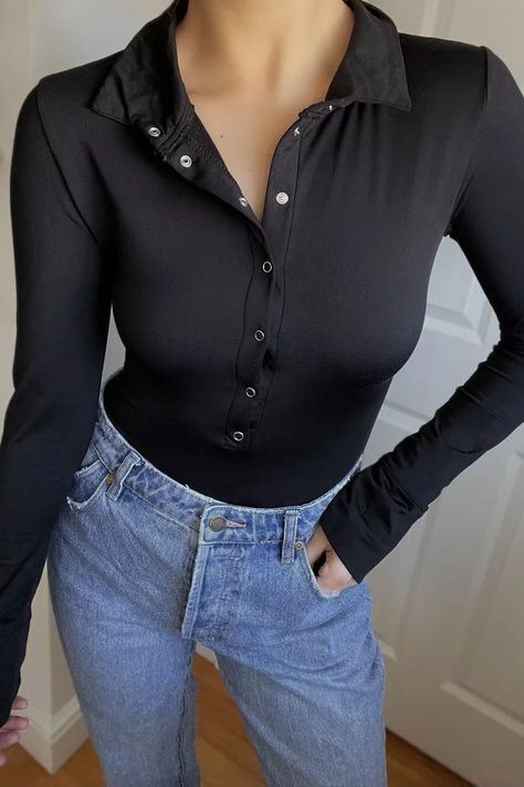 Amazon Collared Bodysuit Review Collared Bodysuit, Bodysuit Outfit, Collar Bodysuit, Bodycon Bodysuit, Body Suit Outfits, Popsugar Fashion, Button Down Collar, Popsugar, Over 50