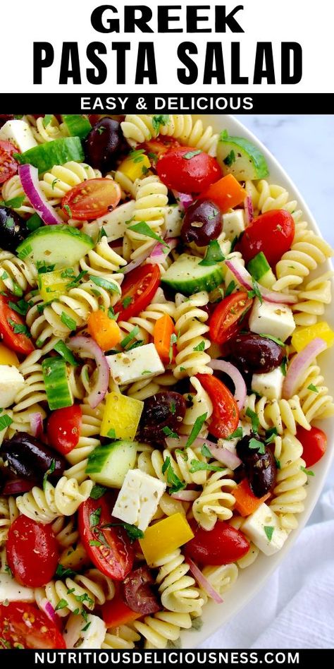 This Greek Pasta Salad brings an array of fresh colorful veggies, creamy feta, and Kalamata olives, all tossed with tangy Greek dressing. Meditteranean Pasta Salad, Kalamata Olive Recipes Pasta, Pasta Vegetable Salad, Best Pasta Salad Recipes Cold, Pasta Salad With Olive Garden Dressing, Colored Pasta Salad, Pasta Salad Feta, Tricolor Pasta Salad, Greek Pasta Salad Dressing