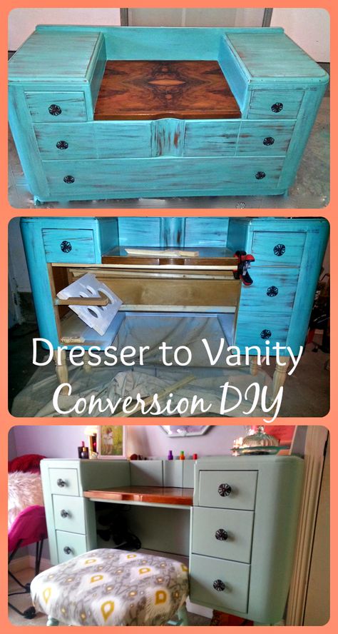 Dresser to Vanity Conversion. With hair tool holster, makeup brush holders and hidden storage! Even a chair to bench re-do! Perfect diy. Dresser To Vanity, Dresser Top Organization, Vanity Diy, Jewerly Organizer, Diy Makeup Vanity, Brush Holders, Dresser Vanity, Hair Tool, Diy Vanity