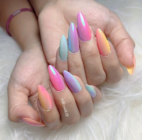 Summer Nails 2023 Gel | Summer Nails 2023 Unicorn Chrome Nails Ombre, Chrome Summer Nails Designs, Holographic Rainbow Nails, Pastel Crome Nails, Pastel Rainbow Chrome Nails, Ombre Easter Nails, Rainbow Nails Chrome, Easter Chrome Nails, Summer Ombre Nails Almond