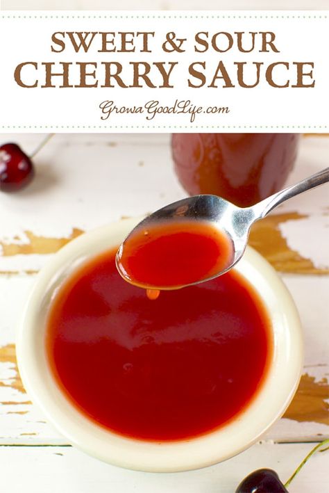 This sweet and sour cherry sauce recipe can be made from fresh cherries and fresh pineapple or bottled juice. This cherry sweet and sour sauce is delicious as a dip or stir-fry. Cherry Savory Recipe, Cherry Sauce For Chicken, Canning Sauces, Recipe Sweet And Sour Sauce, Homemade Cherry Sauce, Cherry Sauce Recipe, Dressing Vinaigrette, Sweet N Sour Sauce Recipe, Sour Cherry Jam