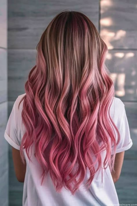 Colored Ombre Hair For Brunettes, Pink Foils Hair, Brown Hair Fade, Blonde To Pink Ombre, Natural Blonde Color, Rose Gold Hair Ombre, Pink Hair Highlights, Beige Blonde Hair Color, Pink Ombre Hair