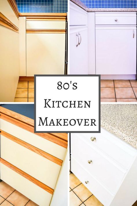 Do you have an ugly 80s kitchen with melamine cabinets and oak grab bars? Put off remodeling and paint your kitchen cabinets instead! With the right paint, new hardware and contact paper for the countertop, you'll have a fresh, modern look! | kitchen | Cheap Kitchen Updates, Cheap Kitchen Makeover, Diy Kitchen Makeover Ideas, 80s Kitchen, Laminate Kitchen Cabinets, Melamine Cabinets, Kitchen Painting, Cheap Kitchen Cabinets, Laminate Cabinets