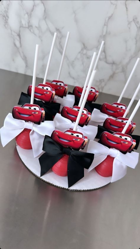 _cakesbykaren (Instagram) Race Car Treat Table, Cars Theme Treats, Birthday Gift For Bf, Cars Cake Pops, Lightning Mcqueen Cake, Mcqueen Cake, Baby First Birthday Themes, Valentine's Day Gift Baskets, Car Birthday Theme