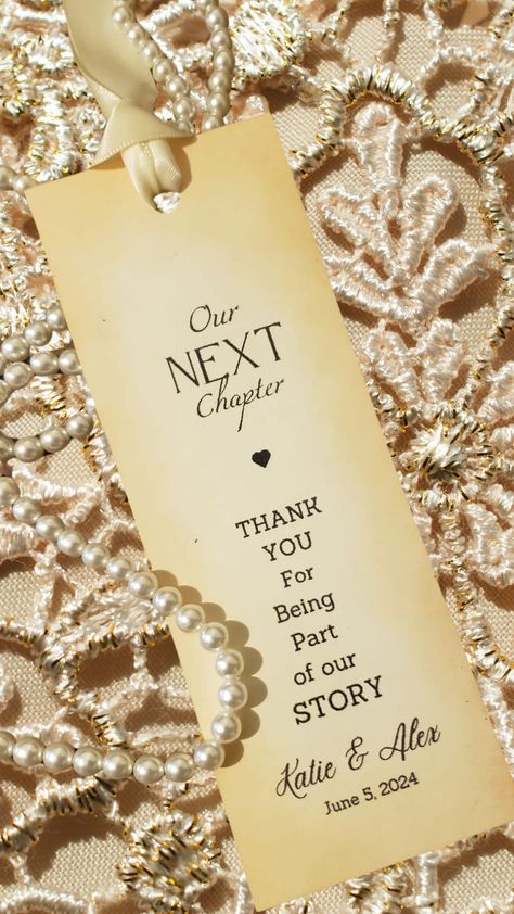 Wedding Bookmark Favors to say Thank You. These personalized wedding bookmarks are a perfect way to thank you for your quests.  your order will be completed in order it was received. **RUSH ORDER please message me before purchasing should your order need to be rushed otherwise order are processed in the way they are received. *Premium Ivory Cardstock *Measures 6" x 2" *Vintage Style for aged appearance *Personalized *Choice of Ribbon Color  *Customer must request proof of bookmark personalizatio Library Wedding Favors, French Wedding Favors, Our Next Chapter Wedding, Wedding Bookmarks Ideas, Wedding Bookmarks Favors, Bookmark Wedding Favors, Bookish Wedding, Book Themed Wedding, Book Themed Party