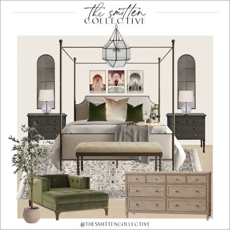 Black Four Post Bed Master Bedrooms, Black Iron Canopy Bed Master Bedrooms, Black Mirror Above Nightstand, Arched Mirrors Over Nightstands, Nightstand By Window, Arch Mirror Behind Nightstand, Arched Mirror Nightstand, Bedroom Inspirations Master Canopy Bed, Master Canopy Bedroom Ideas