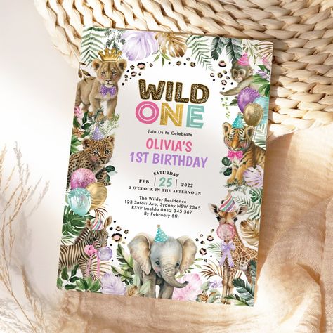 Safari Birthday Invitation, Baby Birthday Decorations, Safari Theme Birthday, Party Animals, Safari Birthday, Birthday Template, Birthday Invitations Girl, Pink Birthday, Whimsical Design