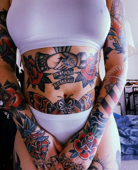 Big American Traditional Tattoo, Stomach Tattoos Traditional, American Traditional Stomach Tattoo, Upper Stomach Tattoos, Lower Belly Tattoos For Women, Traditional Sternum Tattoo, Belly Tattoos For Women, Traditional Thigh Tattoo, Epic Tattoos