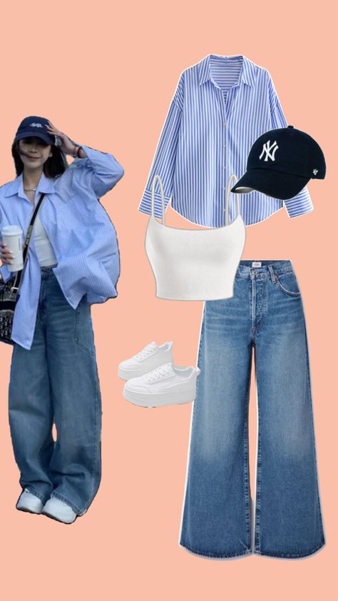 Women outfit Shirt With Baggy Jeans, Baggy Outfit Woman, How To Style Baggy Jeans, Baggy Jeans For Women, Smart Casual Women Outfits, Baggy Outfit Ideas, Casual Women Outfits, Trendy Outfit Inspo, Street Style Outfits Casual