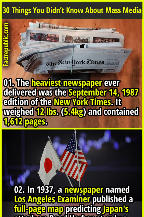 01. The heaviest newspaper ever delivered was the September 14, 1987 edition of the New York Times. It weighed 12 lbs. (5.4kg) and contained 1,612 pages. #entertainment #newspaper #technology #socialmedia #history #classic #usa #america #unitedstates #japan #map Newspaper Names, Cosmic Background, Fact Republic, Japan Map, Mass Media, Random Facts, Garage Design, Current News, The New York Times