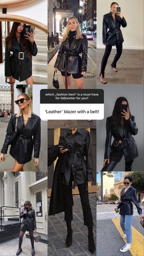 Belted Leather Blazer Outfit, Leather Jacket With Belt Outfit, Styling Leather Blazer Jacket, Leather Blazer Summer Outfit, Black Leather Blazer Outfit Fall, Black Leather Blazer Outfit Winter, Belted Leather Jacket Outfit, Leather Blazer Dress Outfit, Blazer Leather Pants Outfit