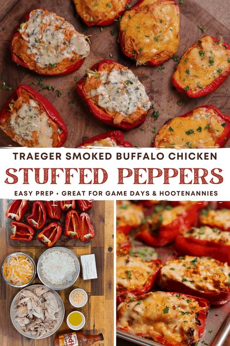 Traeger Stuffed Peppers, Hot Chicken Appetizers, Stuff To Cook On Smoker, Smoked Food Ideas Dinners, Vegan Treager Recipes, Smoked Sweet Peppers, Bbq Chicken Stuffed Peppers, Easy Traeger Dinners, Smoked Lunch Ideas