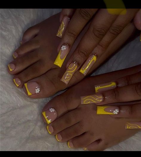 Yellow Acrylic Toes, Yellow French Tip Toes, White And Yellow Nails, Yellow Nails Acrylic, Yellow Toes, Acrylic Pedicure, French Toe Nails, Yellow Toe Nails, Acrylic Nails Yellow