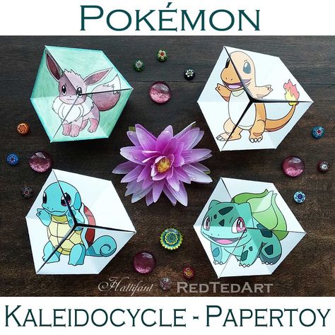 Pokemon Evolution Neverending PAPERTOY - Kaleidocycle or also called Flextangle for you to print and diy. As Coloring In Page or readily colored! Diy Kaleidoscope, Pokemon Craft, Pokemon Birthday Party, Useful Origami, Pokemon Party, Pokemon Birthday, Paper Toy, Pokemon Coloring, Paper Toys