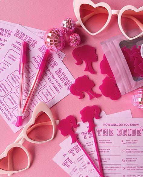 Hen Party Season must nearly be upon us as we’ve sent out quite a few sets of our Ultimate Hen Party Packs this weekend 💖🐓💖 . Included in this Pink Party Set is: 💖 Barbie drinks stirrers 💖 Barbie drinks charms 💖 Bride Bingo & How Well Do you know The Bride Games 💖 Hot pink pens 💖 Pink sunglasses (+1 white for the Bride to Be 🤍) . All packaged up in a pretty pink box ready to make the most instagrammable pink party to go with those tequila rosés you’ll be ordering 💖💃🏼🪩 . What Hen Party theme a... Hot Pink Hens Party, Pink Hen Do, Hot Pink Bachelorette Party, Sparkle Bachelorette, Barbie Invite, Bride Bingo, Sparkle Bachelorette Party, Bride Games, Barbie Night