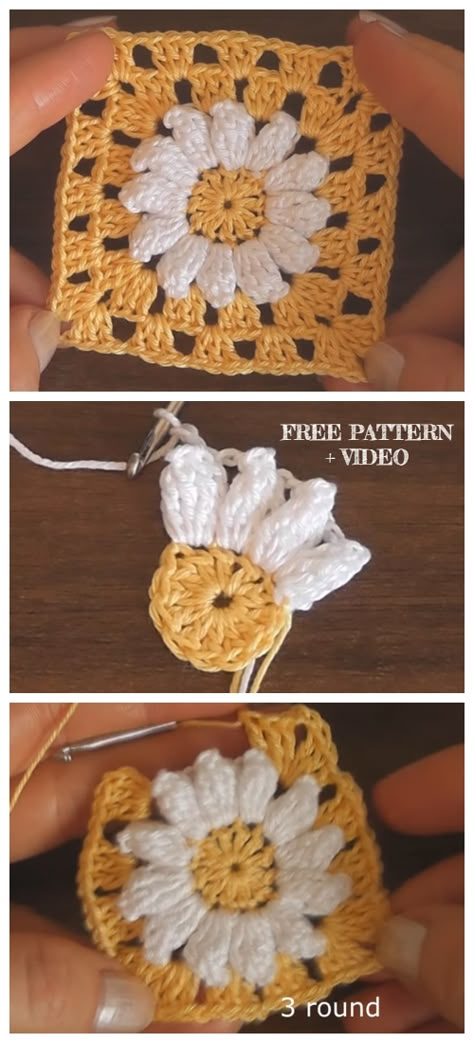 Crochet Daisy Granny Square Free Crochet Patterns + Video Daisy Granny Square, Granny Square Crochet Patterns Free, Mode Crochet, Pola Amigurumi, Square Crochet Pattern, Crochet Patterns Ideas, Crochet Daisy, Crochet Sunflower, Crochet Fun