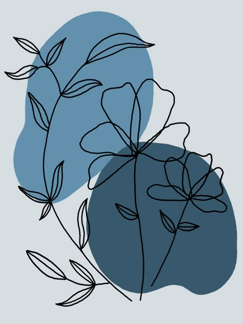 This blue #print contains black line work of flowers and leaves. #abstract #aesthetic #flowers #floral #art Blue Flower Drawing Aesthetic, Boho Art Blue, Navy Blue Art Aesthetic, Simple Blue Flower Painting, Black Line Flowers, Blue Flower Drawing Easy, Blue Flowers Aesthetic Drawing, Blue Doodles Aesthetic, Collage Wall Prints Aesthetic Blue