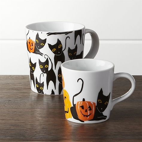 The Most Stylish Halloween Decor Under $40 From Crate and Barrel  Halloween Cat and Pumpkin Mugs ($4) Pumpkin Mugs, Stylish Halloween Decor, Halloween Centerpieces, Modern Halloween Decor, Cat And Pumpkin, Modern Halloween, Cat Pumpkin, Thanksgiving Ideas, Kitchen Witch