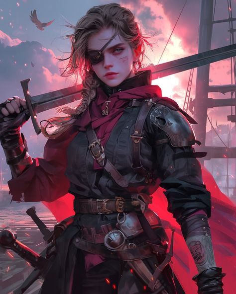 Varla the Red, pirate queen of the Blood Seas 🏴‍☠️⚔️🩸 • • ➡️ Drop a follow for daily creative goodness, or comment below if you like… | Instagram Pirate Queen Fantasy Art, Vampire Pirate Art, Dnd Pirate Female, Female Pirate Character Design, Sea Druid, Pirates Aesthetic, Pirate Witch, Stealth Armor, Pirate Oc