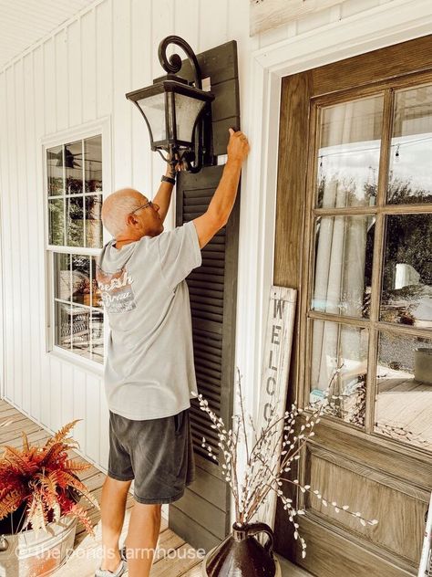 Y’all I had this idea to add shutters to our front doors. So the search was on for vintage shutters the height of the doors. The problem wasn’t finding shutters the correct height, it was finding some in good condition that we could afford.After several attempts to find old, taller shutters, we realized that finding exactly what we wanted, at a reasonable price, was daunting.Therefore, another plan was born.We could add on to the existing shutters to make them tall enough. After seve… Diy Address Sign, Small Shutters, Door Shutters, Upcycled Thrift, Vintage Shutters, Black Shutters, Thrift Store Decor, Porch Posts, Lamp Makeover