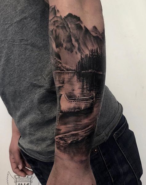 Lake Forrest Tattoo, Trees Tattoo Design, Landscape Tattoo Design, Sophisticated Meaning, Tattoo Berge, Mountain Sleeve Tattoo, Forest Forearm Tattoo, Alaska Tattoo, Tattoo Back Tattoo