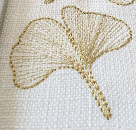 Embroidered Ginko Leaf, Ginkgo Leaf Embroidery, Gingko Embroidery, Sashiko Scarf, Hardanger Embroidery Patterns, Embroidered Accessories, Prints Ideas, Ginkgo Leaves, Hardanger Embroidery