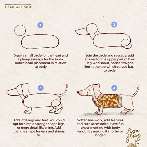 How to draw a cute dachshund 🥰 Have fun experimenting with the length of the body! . Brushes used: AquaReal 2 brushes and Lisa’s Pencil. Plus a cute pattern from new Pattern brushes / Canvas: Let’s Draw. . #cutedogillustration #cutedachshundart #illustrationartist #procreatewatercolor #learntodraw #howtodrawdogs How To Draw A Dachshund Step By Step, How To Draw A Dachshund, Daschund Drawing, How To Draw A Dog, Diy Illustration, Dachshund Drawing, Draw A Dog, Doxie Art, Dachshund Illustration