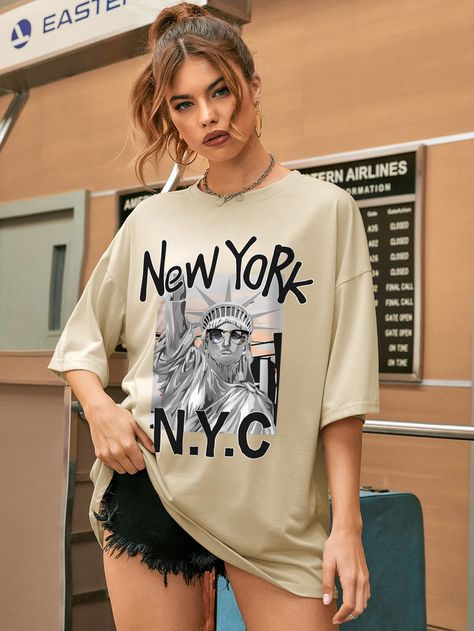 Apricot Casual  Half Sleeve Polyester Figure,Letter  Embellished Slight Stretch Summer Women Tops, Blouses & Tee Tshirt Design Men, Urban Fashion Trends, Drop Shoulder Tee, Oversized Tshirt, Half Sleeves, Urban Fashion, Summer Women, Womens Tees, Kids Fashion