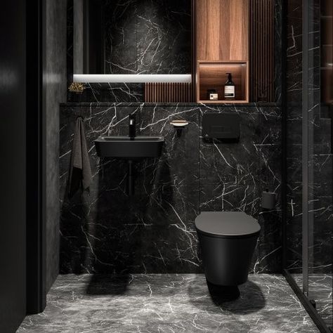 Matte Black Bathroom Fixtures, All Black Bathroom, Design Interior Baie, Black Bathroom Fixtures, Black Marble Bathroom, Black Tile Bathrooms, Black Spirit, Contemporary Bathroom Decor, Black Bathroom Furniture