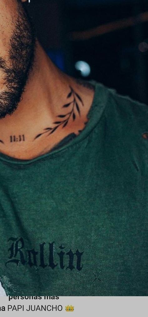 Tattoos For Guys Neck, Neck Tattoos For Guys, Neck Tattoos For Men, Collar Bone Tattoo For Men, Collar Tattoo, Neck Tattoo Ideas, Small Neck Tattoos, Wreath Tattoo, Leaves Tattoo