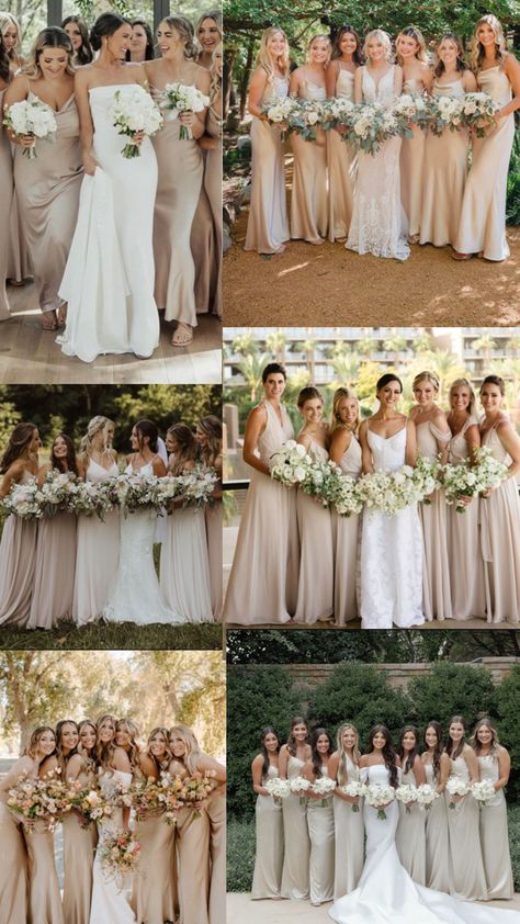 Champaign Dresses Bridesmaid, Champagne And Green Bridesmaid Dresses, Bridal Party Color Schemes Summer, Navy Blue And Champagne Wedding Colors, Tan Bridal Party, Champagne Colour Wedding, Nude Wedding Theme, White Champagne Wedding, Champagne Color Palette Wedding