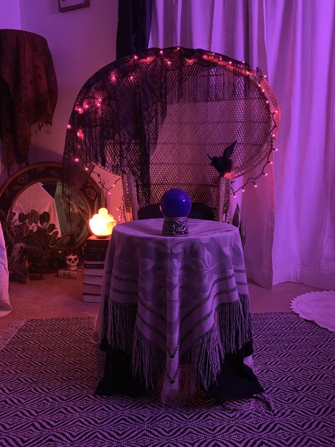 Turned my sewing studio into a fortune teller’s room for Halloween 2019 Fortune Teller Room, Fortune Teller Aesthetic, Fortune Teller, Destiny, Room Decor, Tumblr, Purple