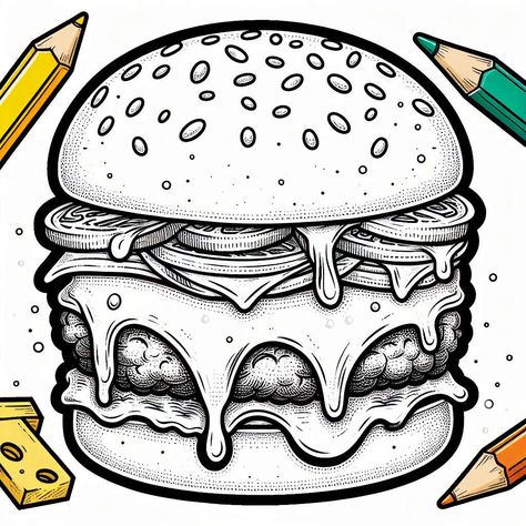 Burger coloring page by Tannu Burger Sketch, Hamburger Drawing, Hamburger Paragraph, 2024 Drawing, Burger Drawing, Food Drawings, Food Illustrations, Black Tattoos, Page Design