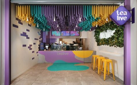 Bubble Tea Shop with a Striking Ceiling Installation in Melbourne, Australia #teashop #inspiration #barstools #green #creativestools #creativewall #ceiling #lighting #furnituredesign #furnitureideas #interiordesign #ideas #interiorinspiration #sohomod Tea Shop Exterior, Shop Exterior Design, Bubble Tea Store, Tea Store Design, Tea Live, Shop Exterior, Accent Ceiling, Bubble Tea Shop, Tea Store