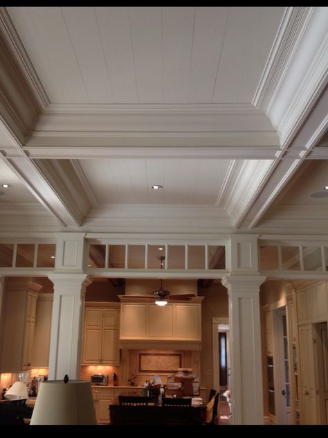 Coffered ceiling Coffered Ceiling With Shiplap, Coffered Ceiling Kitchen, Painted Coffered Ceiling, Wood Coffered Ceiling, Waffle Ceiling, Coffer Ceiling, Box Ceiling, Coffered Ceiling Design, Fireplace Trim