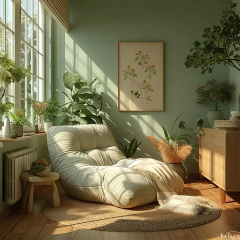 Window Nook Furniture, Organic Design Furniture, Reading Nook Corner Living Room, Organic Modern Reading Nook, Neutral Tones Home Decor, Plant Reading Nook, Cozy Bedroom Reading Nook, Relaxing Cozy Bedroom, Reading Nook Bed