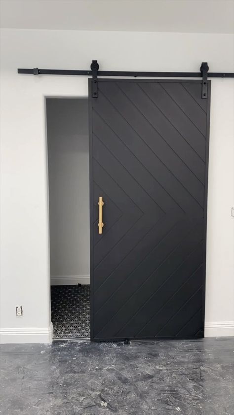 Black Barn Doors Sliding, Basement Barn Door, Barn Doors In The House Closet, Transitional Barn Door, Dark Closet Doors, Black Barn Doors In The House, Barn Door Master Bath, Bathroom Barn Door Ideas Master Bath, Modern Barn Door Bathroom