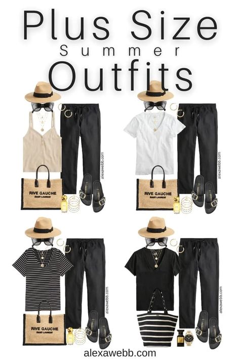 Large Size Outfits For Women Summer, Plus Size Weekend Getaway Outfits, Black Beach Pants Outfit Summer, Curvy Hot Weather Outfits, Plus Size Minimalist Outfits Summer, Hot Weather Outfits Plus Size Summer, Outfits With Linen Pants Summer, Plus Size Humid Weather Outfits, Plus Size Europe Travel Outfits Summer