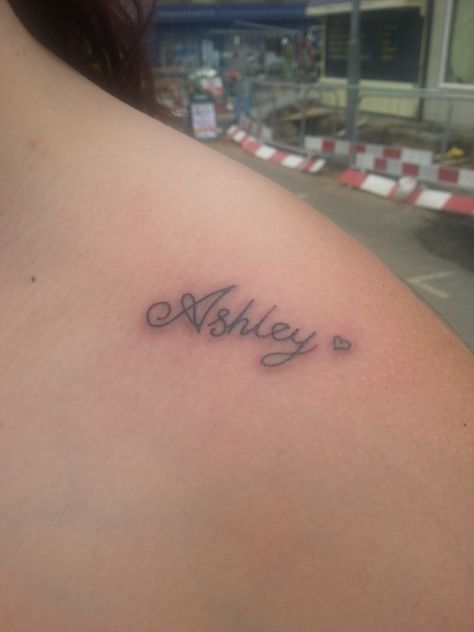 my most recent tatto that was done 27-7-13 my partners name on my front of my shoulder Ashley Tattoo Name, Ashley Name Tattoo, Shoulder Name Tattoo, Small Name Tattoo, Last Name Tattoos, Tato Nama, Ashley Name, Latest Tattoo Design, Names Tattoos For Men