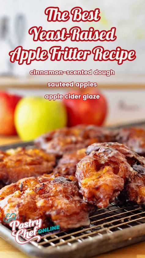 Pin image for apple fritters. Text reads, "The best yeast-raised apple fritters: cinnamon-scented dough, sauteed apples, apple cider glaze." Image shows fritters cooling on a cooling rack with 2 red and 1 green apple in the background. Deep Fried Apple Fritters, Yeast Apple Fritters, Apple Fritters Air Fryer, Red Apple Recipes, Sweet Fritters, Apple Fritter Recipe, Sauteed Apples, Apple Fritters Recipe, Apple Fritter Cake