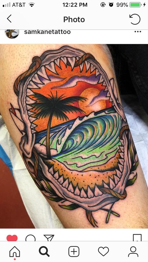 Man Surfing, Tattoo Beach, Traditional Tattoo Old School, Traditional Style Tattoo, Sailor Jerry Tattoos, Thigh Piece, Beach Tattoo, Shark Tattoos, Old School Tattoo Designs