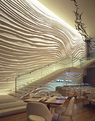 The Blue Fin Restaurant W Times Square Wall Surface Interiors   Interior design Yabu Pushellberg Contemporary Staircase Design, Wall Of Light, Design Interior Modern, Contemporary Staircase, Hospitality Design, Staircase Design, Restaurant Interior, Commercial Design, Commercial Interiors