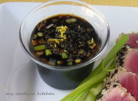 * Ponzu Dipping Sauce for Seared Ahi - Trisch G's is similar: 1/2 c soy sauce, 1/4 c sugar, 1/2 t garlic powder, 1/2 t ground ginger - heat in saucepan til sugar dissolves and sauce thickens - SLS 6/8/13 * Tataki Sauce Recipe, Sauce For Tuna Steak, Ahi Tuna Sauce, Sweet Soy Sauce Recipe, Tuna Marinade, Fish Dipping Sauce, Seared Tuna Recipe, Ponzu Sauce Recipe, Ahi Tuna Recipe