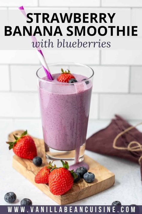 This Strawberry Blueberry Banana Smoothie recipe is packed with berries and creamy banana. Perfect for a healthy breakfast, snack, or dessert. Done in 5 minutes! Banana And Berry Smoothie, Smoothie Recipes Blueberry Banana, Banana Berry Smoothie Recipe, Strawberry Banana Blueberry Smoothie Recipe, Strawberry Banana Blueberry Smoothie, Blueberry And Banana Smoothie, Blueberry Banana Smoothie Recipe, Berry Breakfast Smoothie, Blueberry Yogurt Smoothie