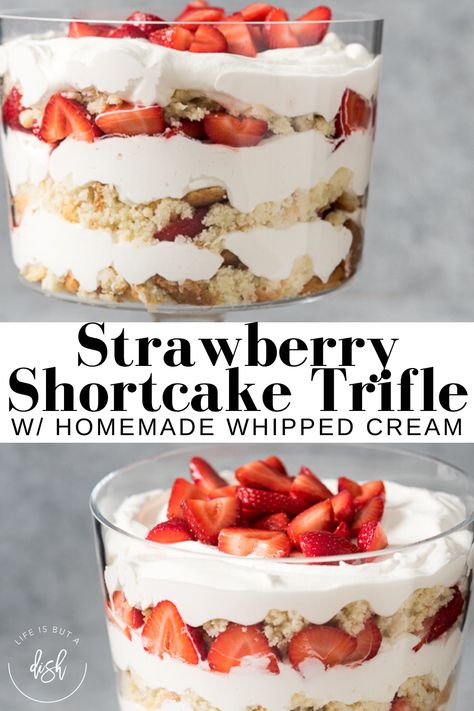 Good Desserts For Birthday, Strawberry Shortcake Trifle Recipe, Strawberry Shortcake Whipped Cream, Strawberry Shortcake Homemade, Summertime Desserts For A Crowd, Trifle Strawberry, Homemade Shortcake, Strawberry Cake Aesthetic, Cake Recipe Strawberry