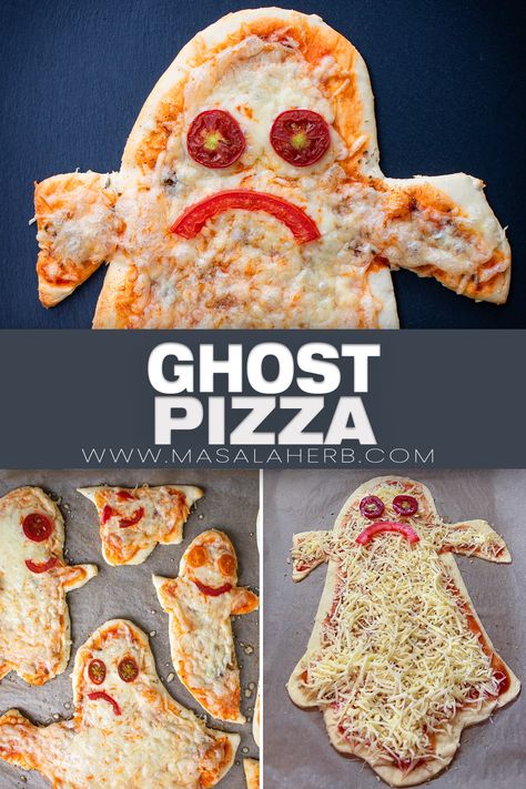 Halloween Ghost Pizza Easy Halloween Pizza, Halloween Pizza Shapes, Ghost Pizza Halloween, Mushroom Pizza Bites, Halloween Food For Adults, Stromboli Recipes, Ghost Pizza, Fun Halloween Drinks, Pizza Marinara