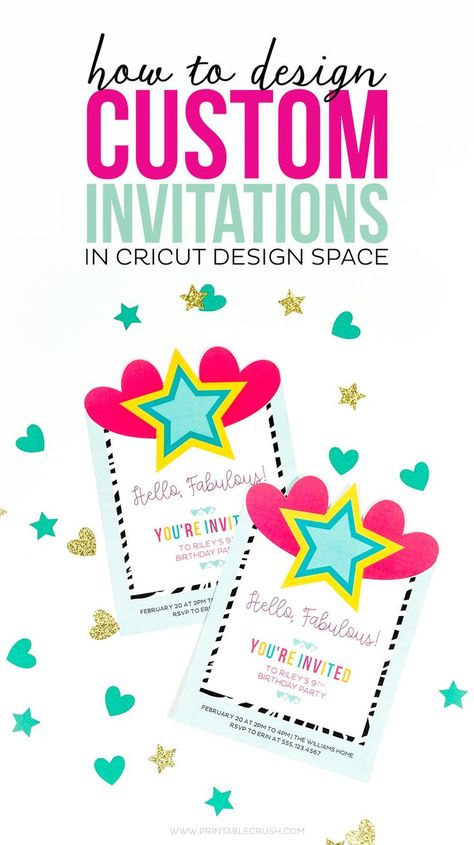 Learn to design custom invitations in Cricut Design Space from scratch! You'll learn how to flatten images for print and cut, plus get an overview of the most used CDS tools. Cricut Invitations, Invitation Card Maker, Cricut Birthday, Unicorn Birthday Party Invitation, Party Printables Free, Holiday Printables, Birthday Invitations Kids, Cricut Design Space, Cricut Tutorials