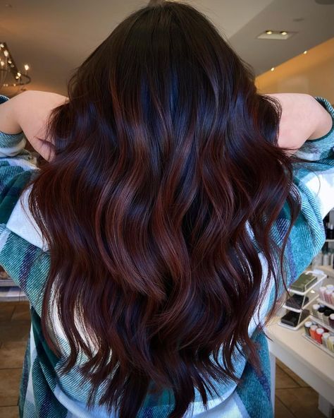 50 Must-Try Red Brown Hair Trends For 2024 Eggplant Bayalage Hair, Cool Hair Highlights For Dark Hair, Fall Inspo Hair Color, Red Balayage On Dark Brown Hair, Black Brown Red Hair, Mahogany Hair Balayage, Dark Brown Hair Balayage Auburn Red Ombre, 2025 Dark Hair Trends, Dark Brunette Summer Hair 2024