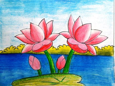 Lotus Scenery Drawing, Lotus Drawing For Kids, Easy Nature Drawings, Scenery Drawing For Kids, Lotus Flower Drawing, Lotus Drawing, Oil Pastel Drawings Easy, Drawing Classes, Scenery Drawing